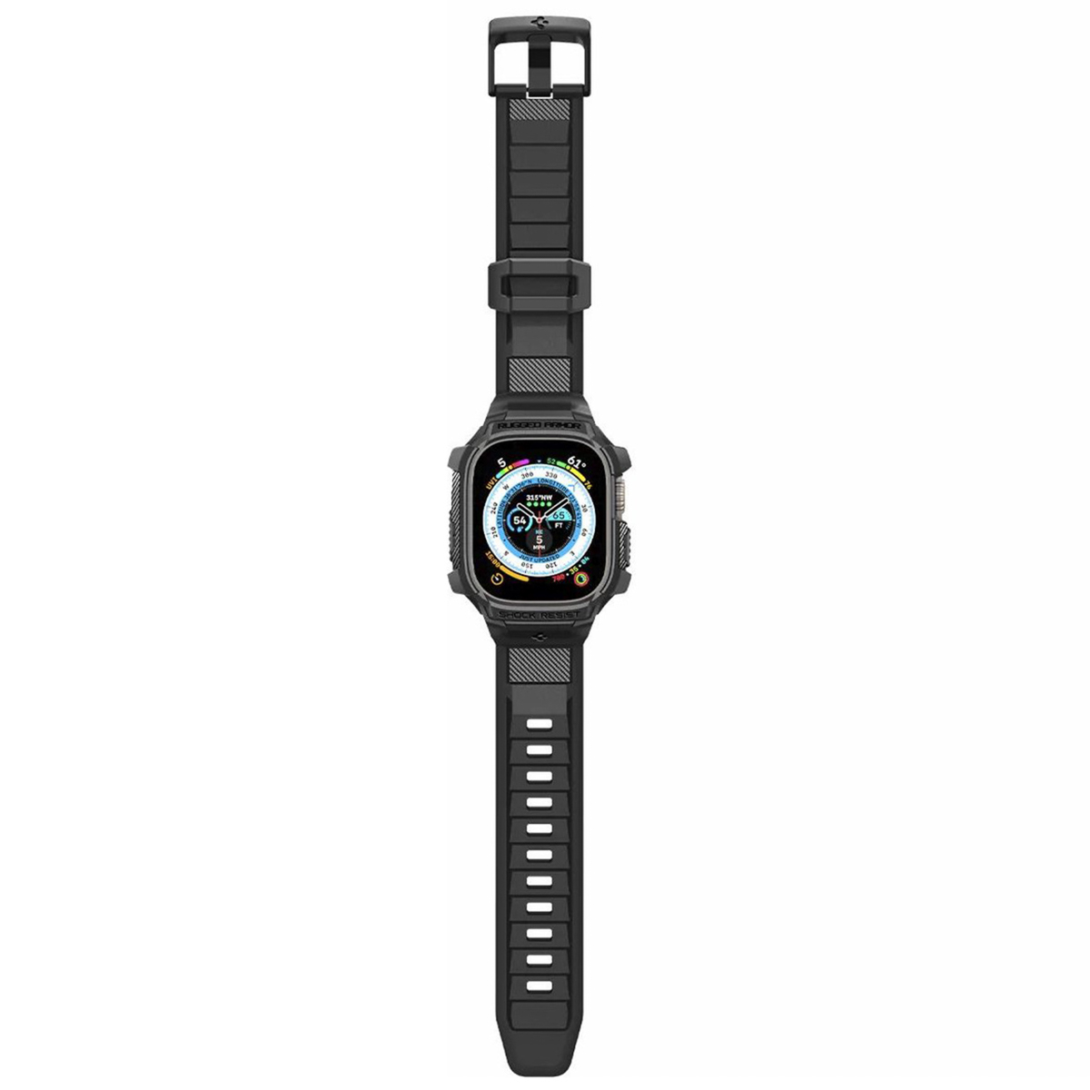 Black smartwatch with a black strap. The watch is displaying information. White background.