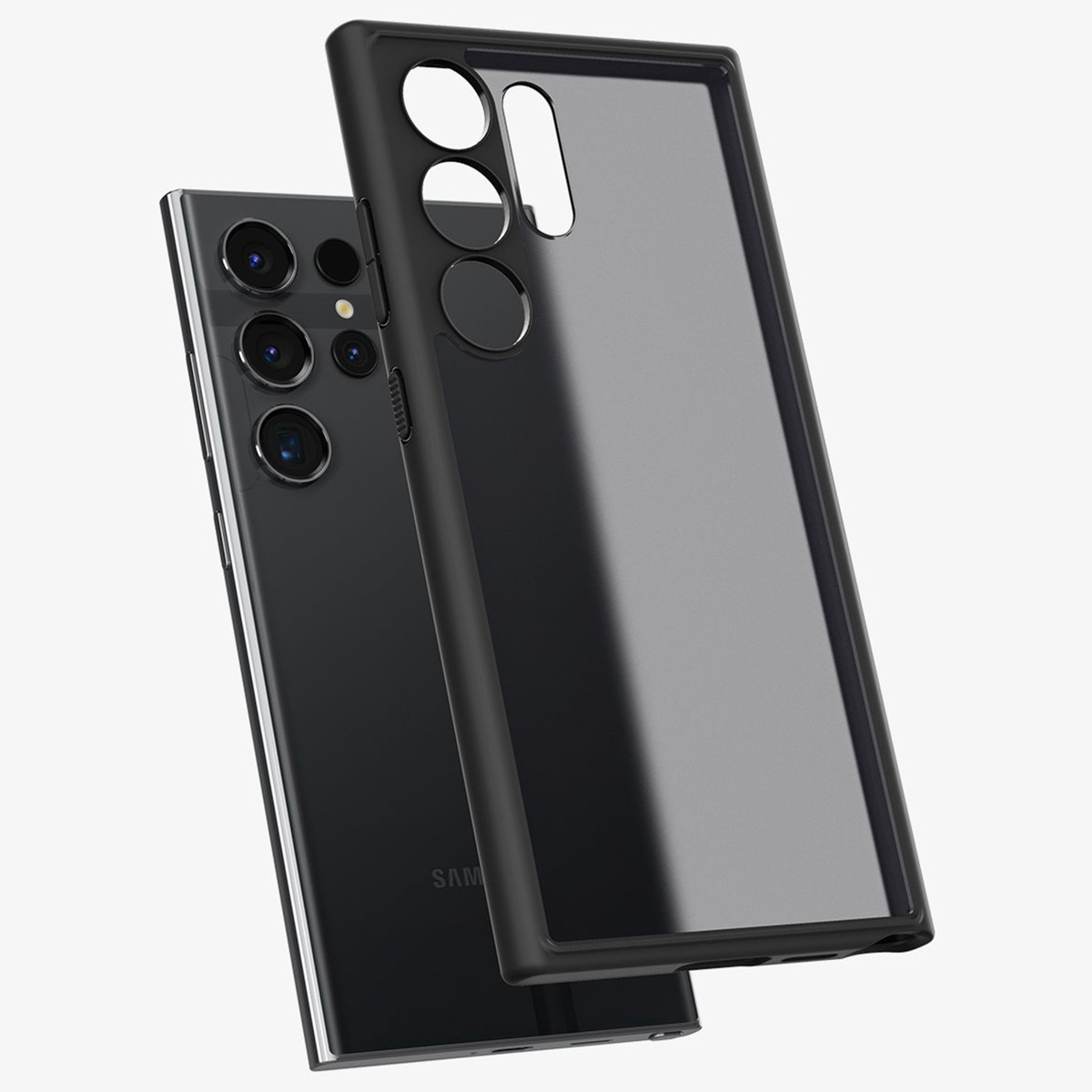 Czarny smartfon pokazany z pasującym czarnym etui ochronnym na białym tle.