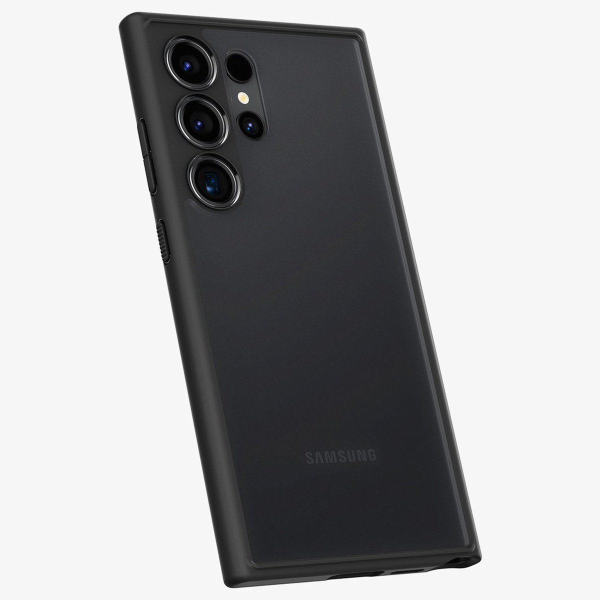 Custodia nera con tre lenti e logo Samsung. Sfondo bianco.