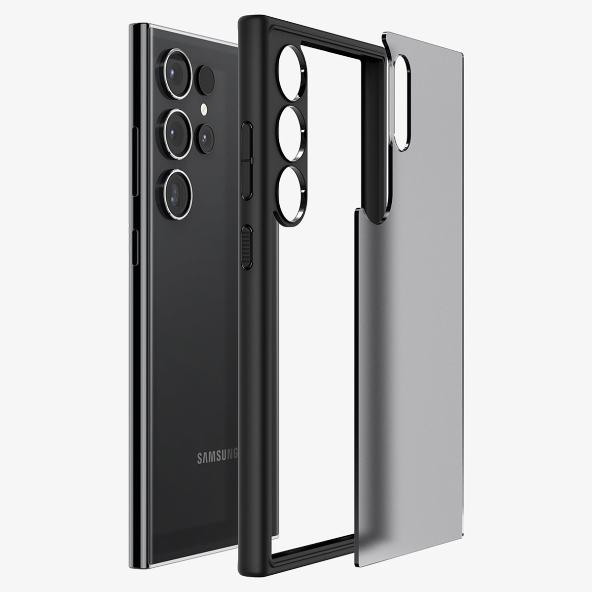 Czarny smartfon i jego etui ochronne, rozłożone na białym tle.