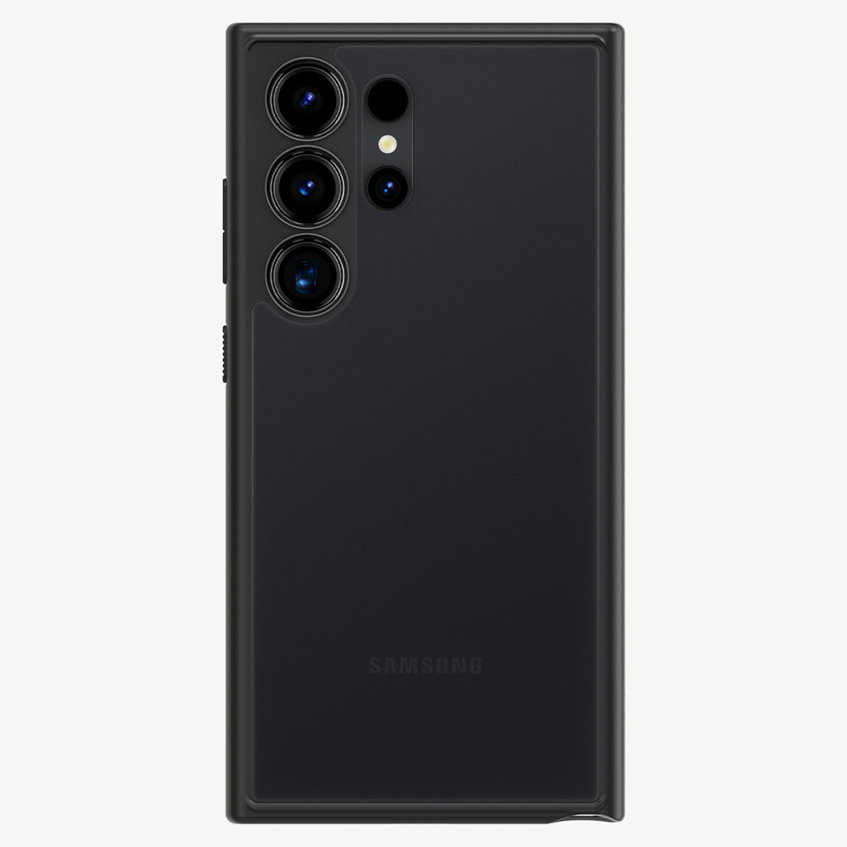 Custodia nera per telefono con fori multipli per fotocamera e logo Samsung.