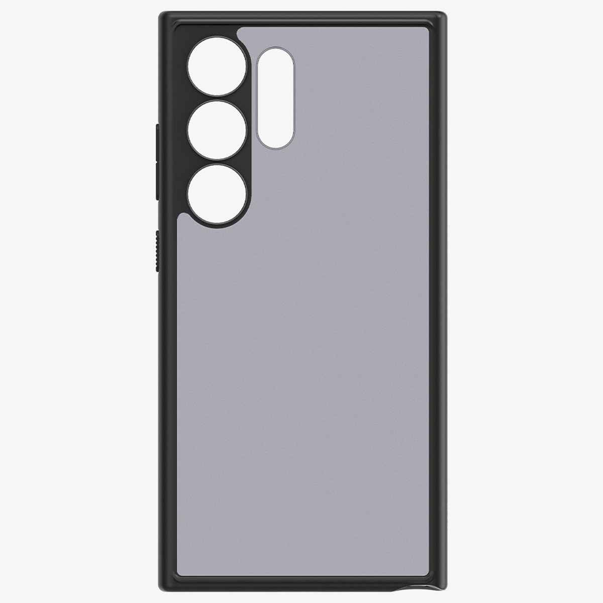 Custodia per telefono nera con ritagli per fotocamera. È nera con tre cerchi per fotocamera e un ritaglio per il flash.