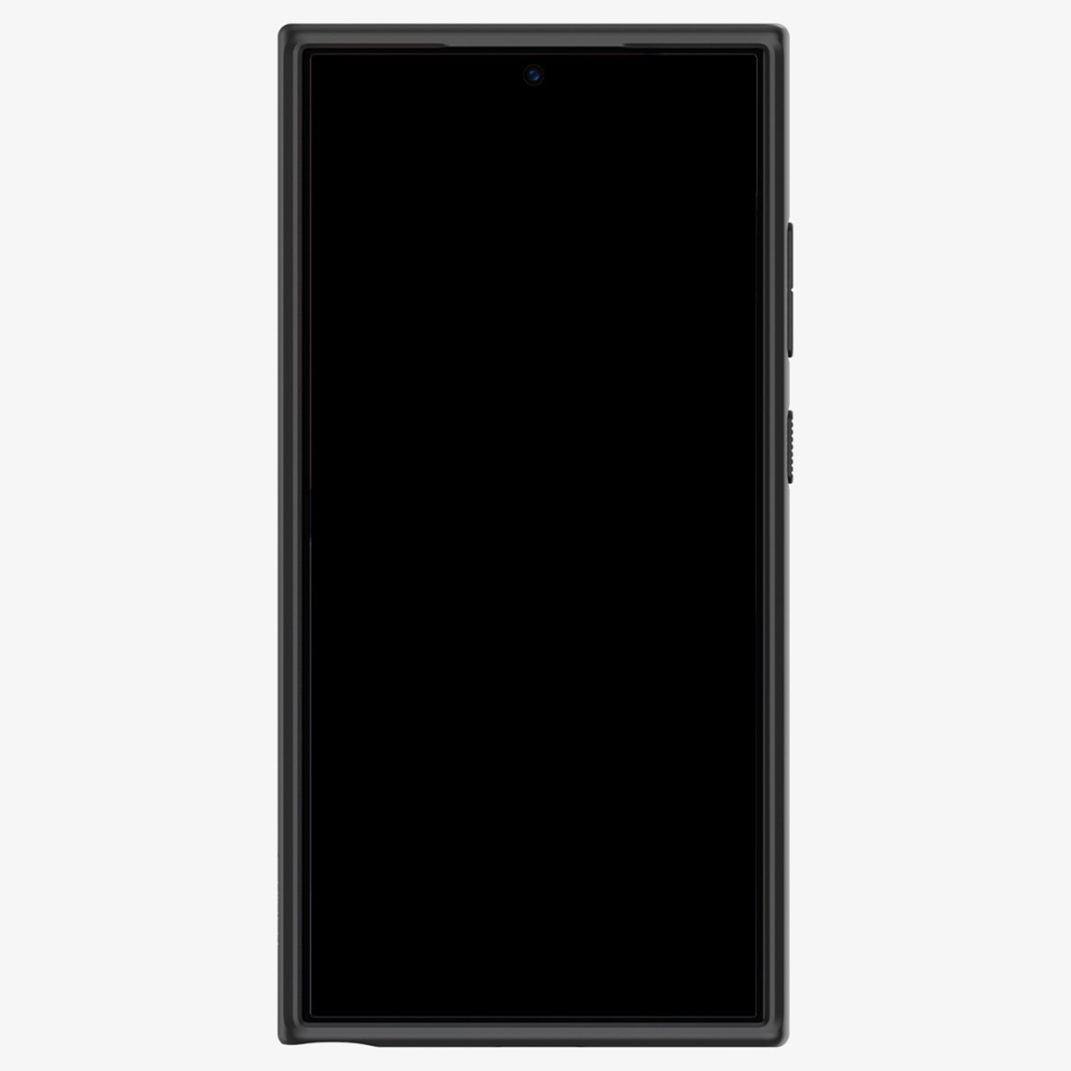 Czarny smartfon z czarnym ekranem na białym tle.