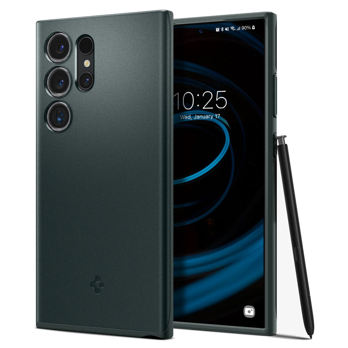 Donkergroene telefoon met een hoesje, een stylus en een telefoonscherm met inhoud.
