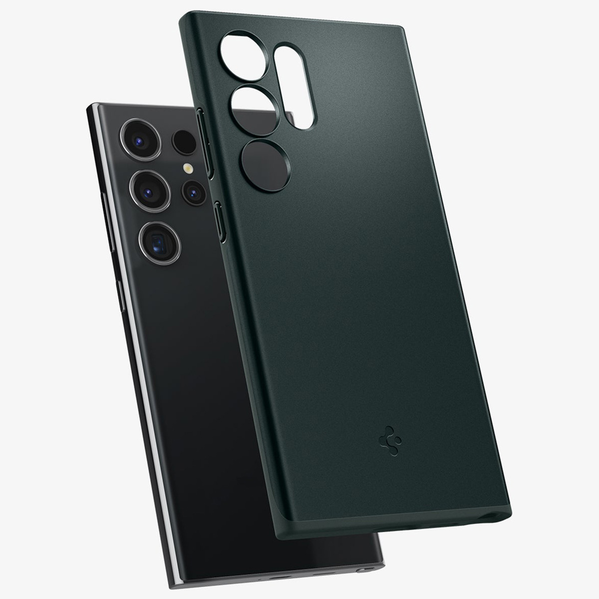 Zwarte telefoon met donkergroene hoes. De hoes heeft uitsparingen voor camera en knoppen.
