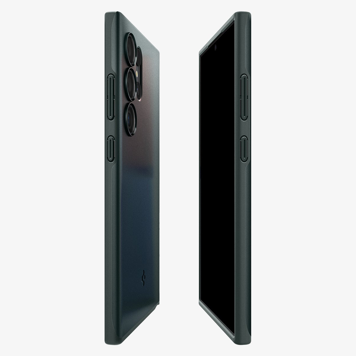 Twee telefoons, één met de achterkant met camera's, de andere met het scherm. Beide donkerblauw.