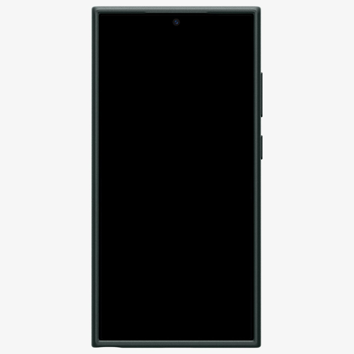 Zwarte smartphone met scherm en camera in een groene hoes.
