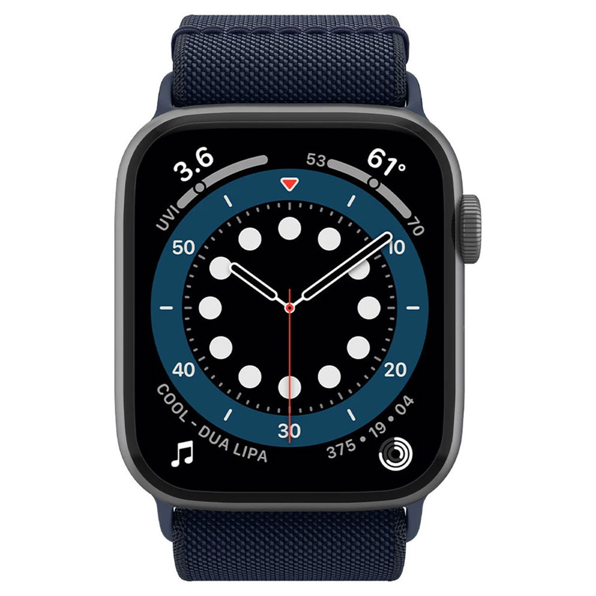 Apple Watch with a blue strap, showing a watch face with numbers and text.