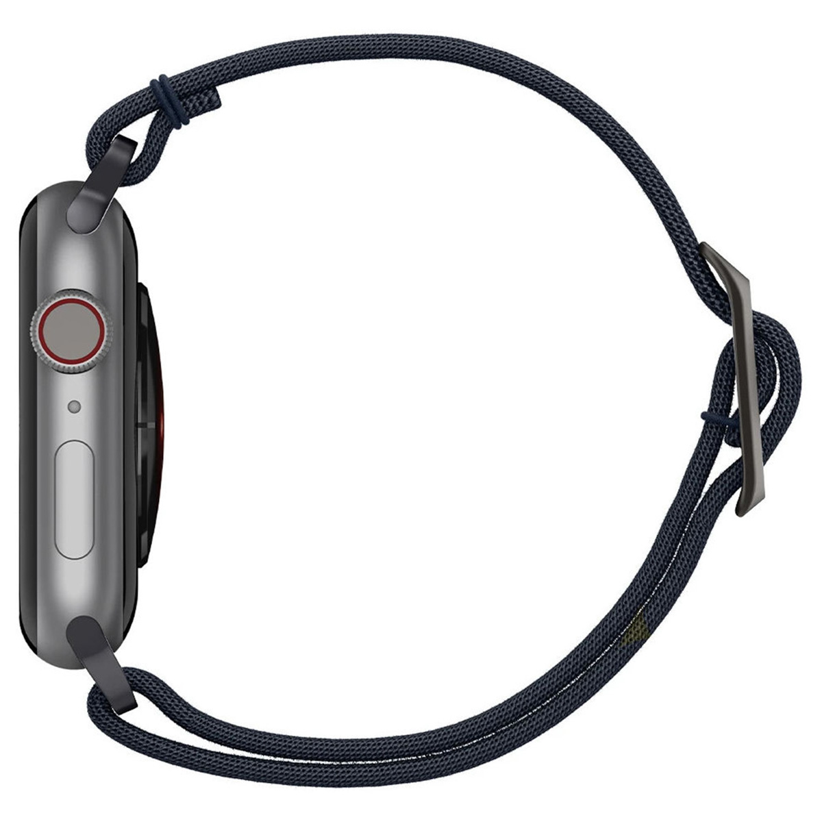 Side view of an Apple Watch with a dark blue woven strap and a metal clasp.