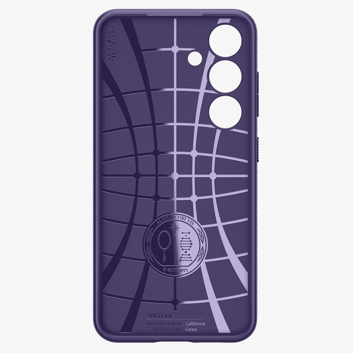 Custodia viola per telefono. Motivo a griglia sul retro. Logo Spigen visibile.