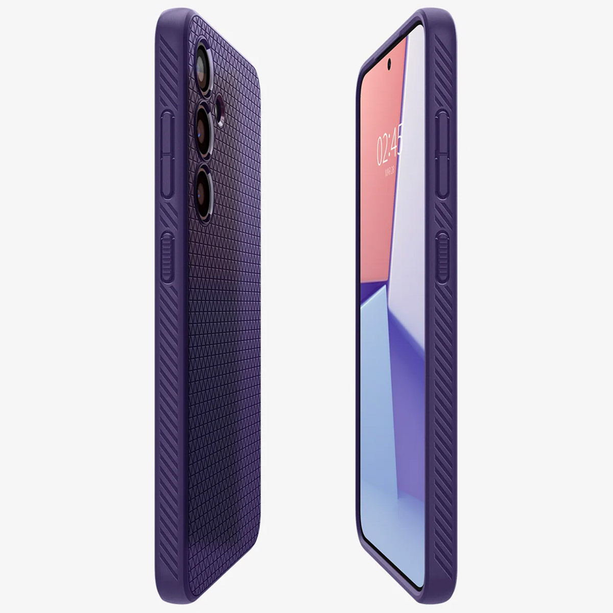 Custodia viola con retro strutturato, schermo del telefono che mostra l'ora. Pulsanti laterali visibili.