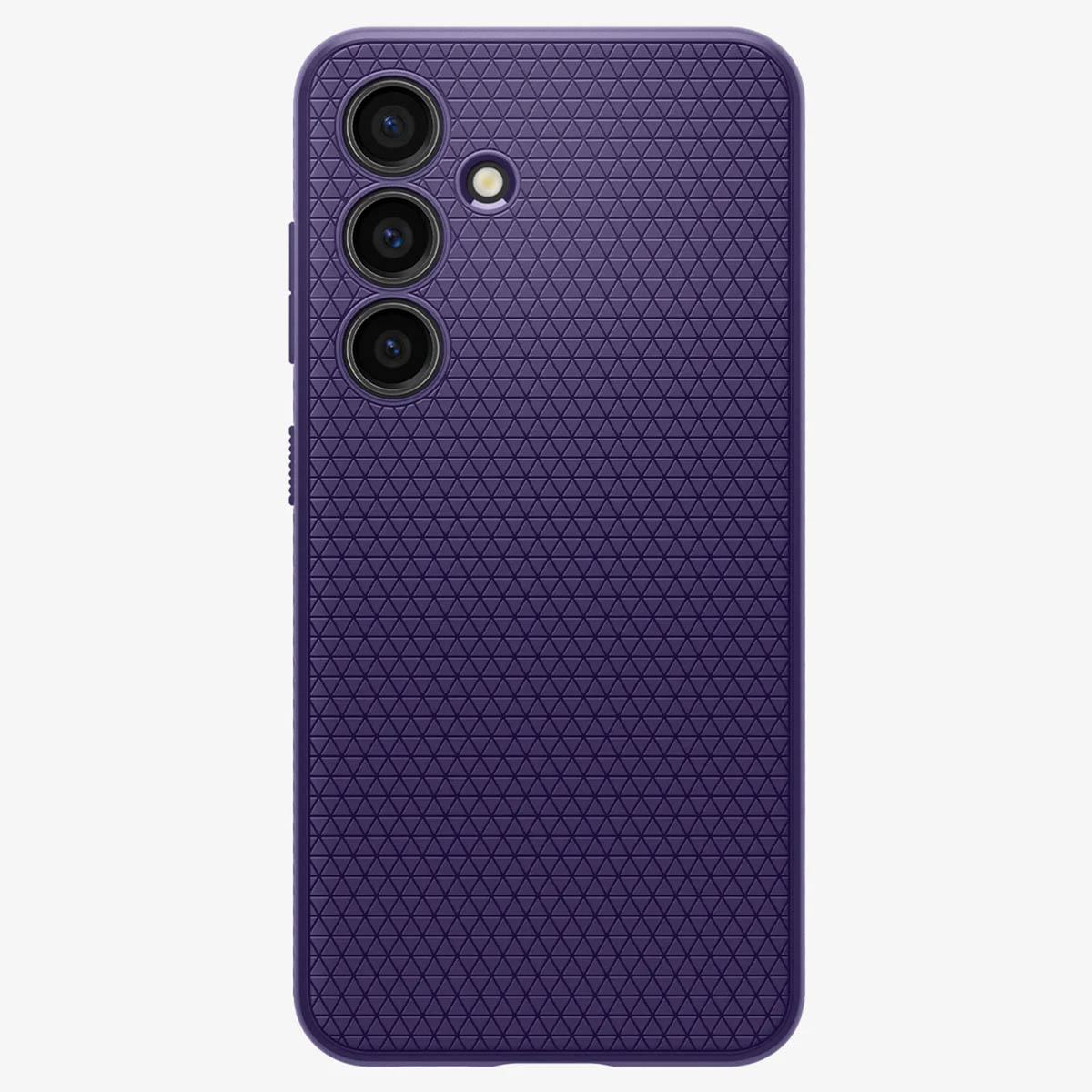 Custodia per telefono viola con motivo a diamante strutturato. Tre obiettivi della fotocamera visibili sul retro.
