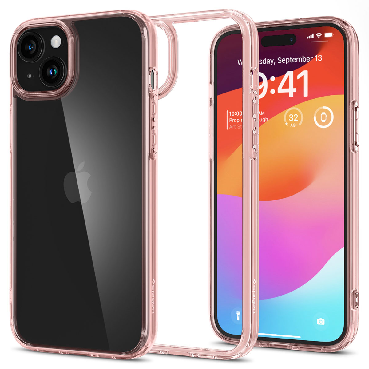 Roze telefoonhoesje met een telefoon erin. De telefoon toont de datum en tijd.