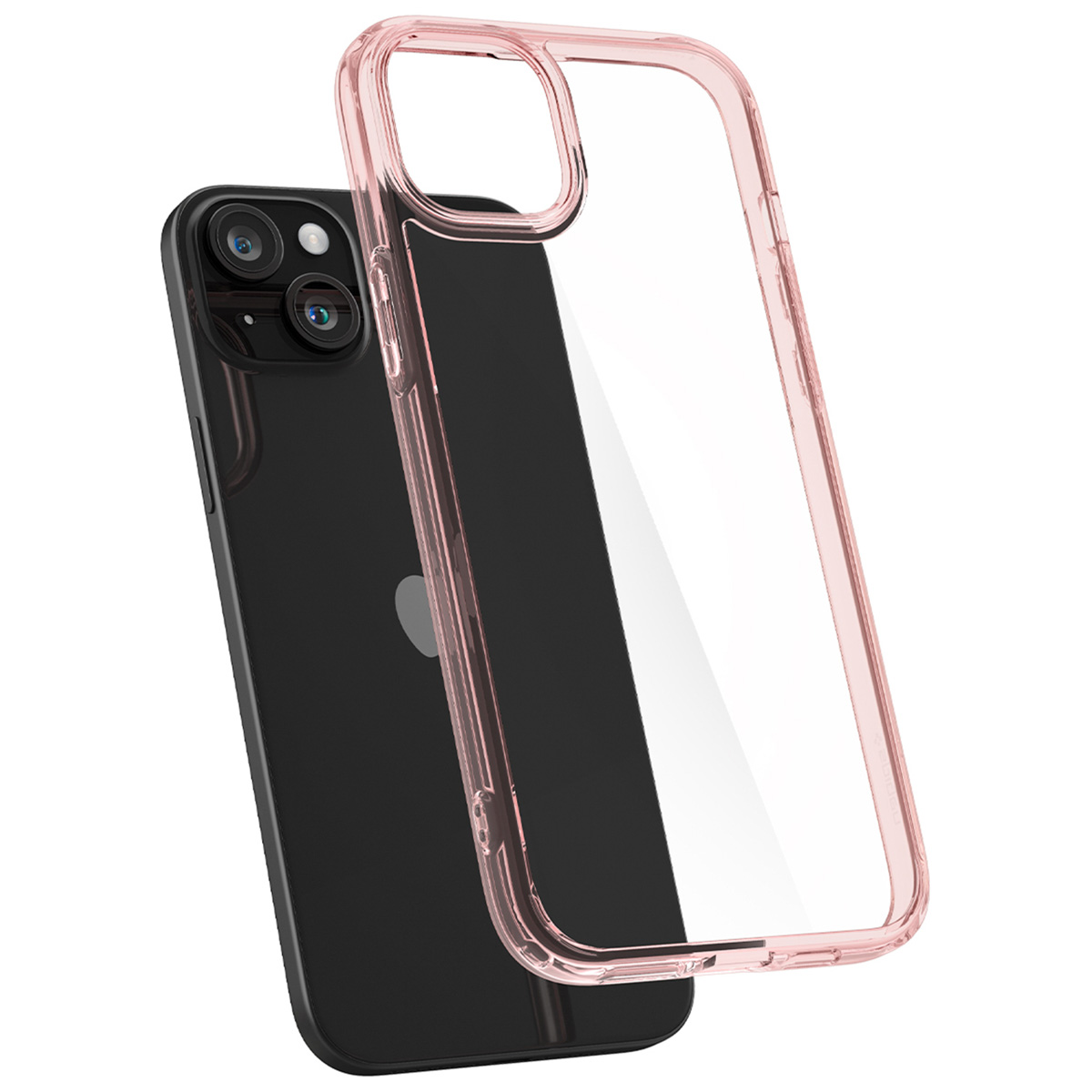 Zwarte iPhone met roze transparante hoes. Dubbele camera zichtbaar, hoesje iets los.
