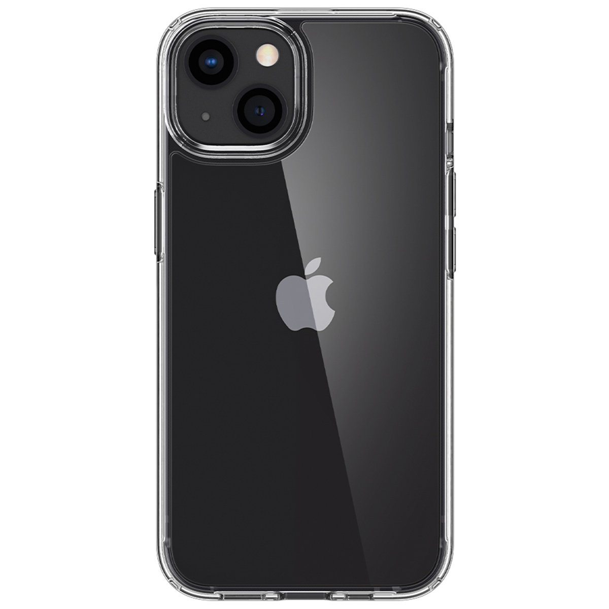 Przezroczyste etui na czarnym iPhonie, pokazujące logo Apple.