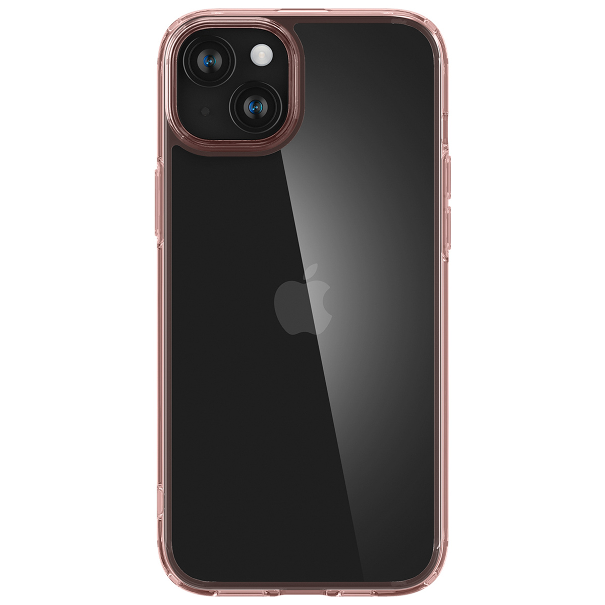 Een doorzichtige telefoonhoes met een roze frame, met een zwarte telefoon met cameralenzen en Apple-logo.