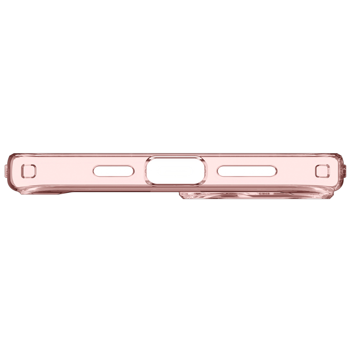 Roze telefoonhoes, met de onderkant met uitsparingen voor poorten. Hij is transparant en roze.