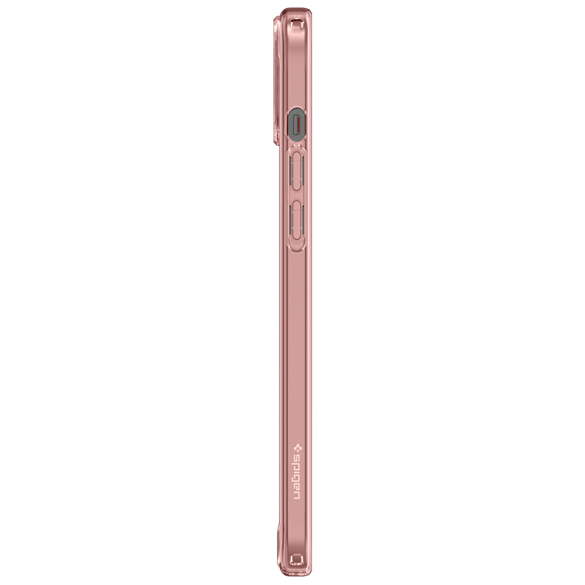 Roségouden telefoonhoes met knoppen en een merknaam.