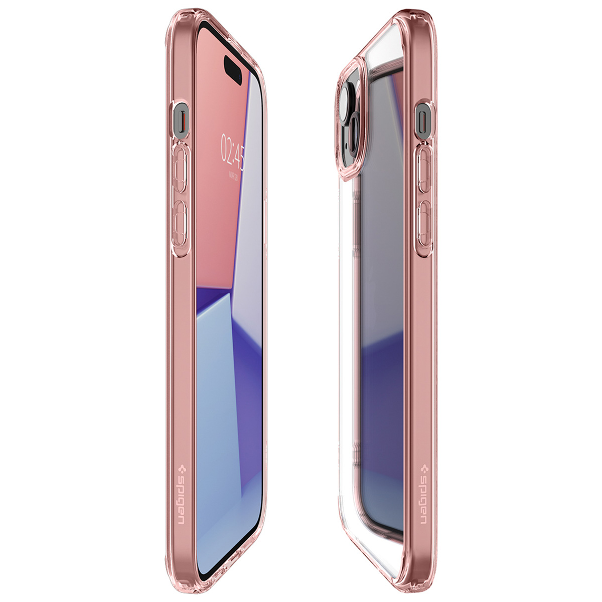 Twee roségouden telefoons in hoesjes, naast elkaar. Eén toont het scherm, de ander de zijkant.