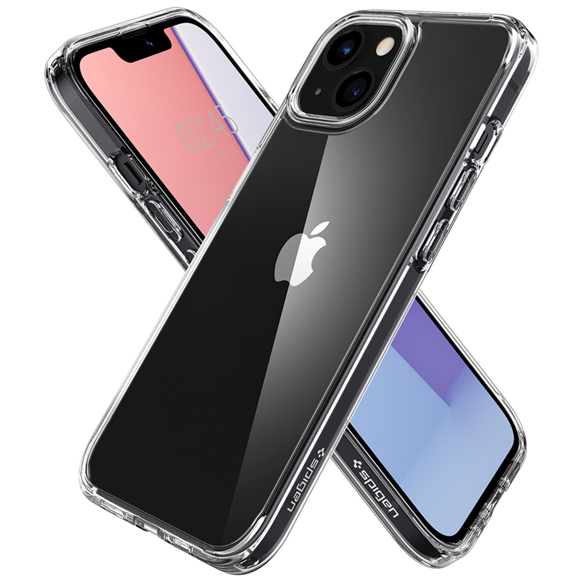 Przezroczyste etui na telefon z telefonem w środku. Telefon ma białe logo Apple. Tło jest białe.