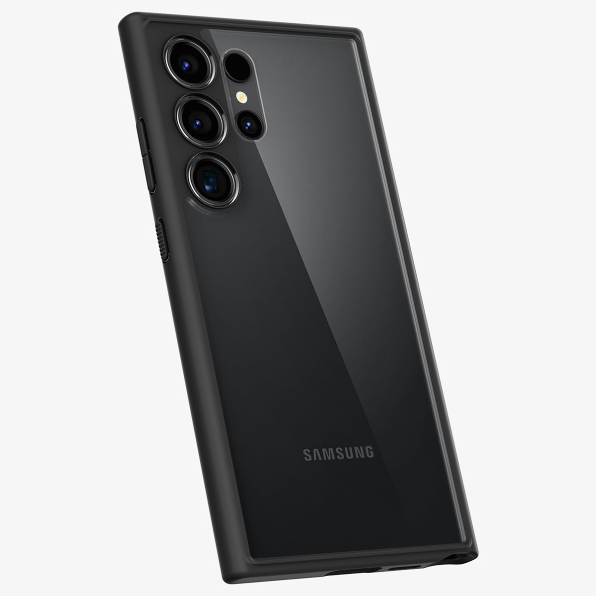 Czarny smartfon Samsung w etui ochronnym, z wieloobiektywowym aparatem i logo.