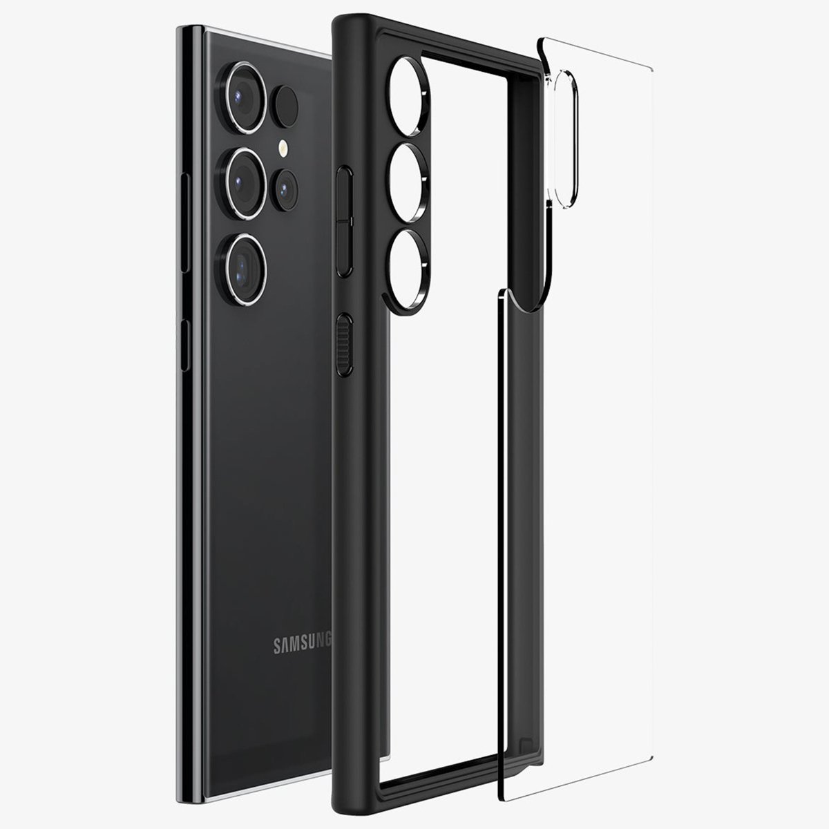 Czarny telefon Samsung obok czarnego bumpera i przezroczystej tylnej obudowy.