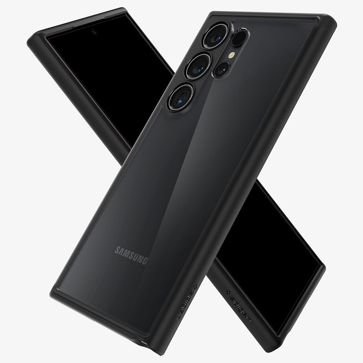 Telefono nero in una custodia trasparente, angolato sopra un altro. La custodia ha il logo Samsung.