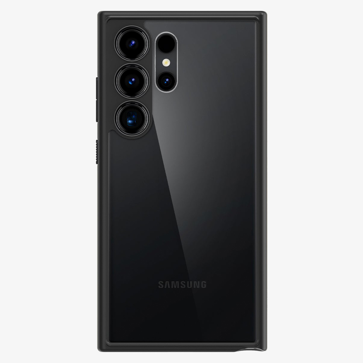 Telefono nero, in una custodia. Il telefono ha tre fotocamere e un logo Samsung. È lucido.