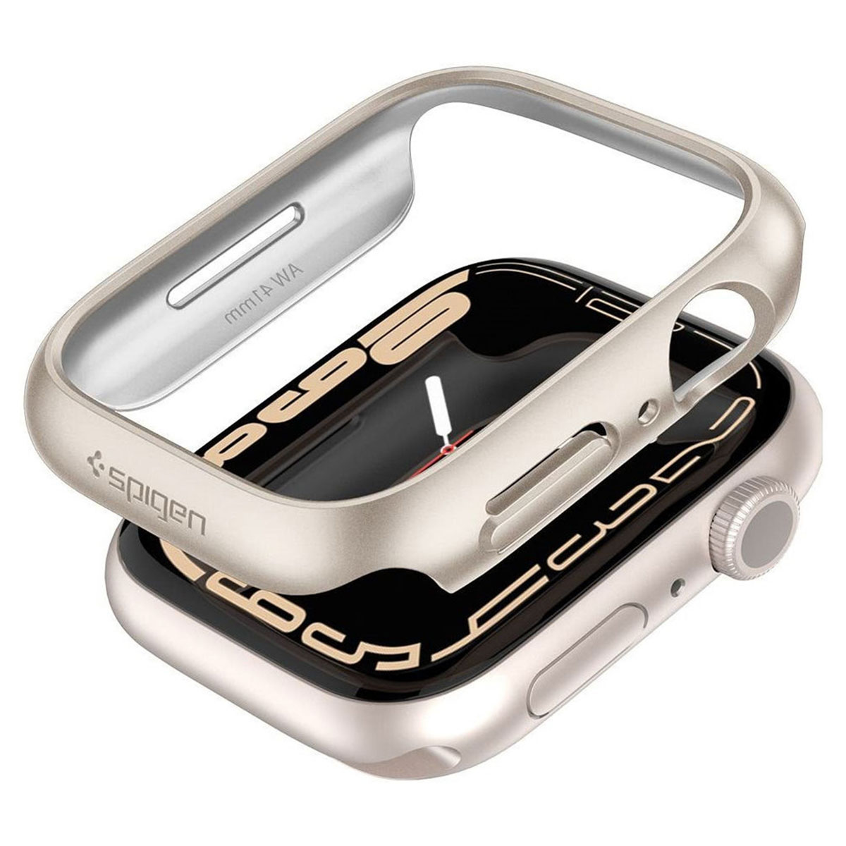 Silver watch case framing a black and gold watch face, with a Spigen logo.