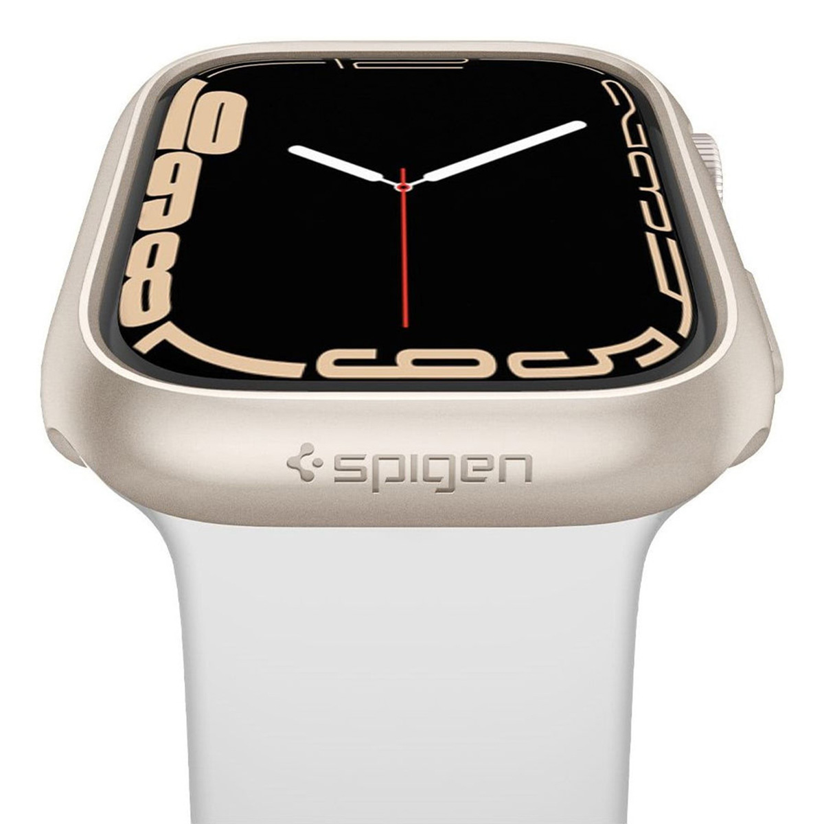 Watch case with watch. The watch has a black screen. The watch band is white.