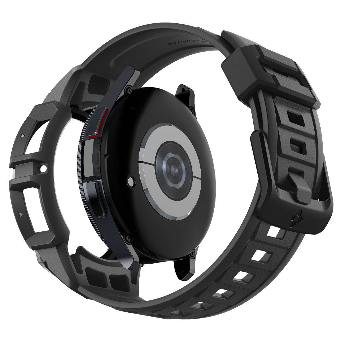 Een zwarte smartwatch met beschermhoes en bandje. De wijzerplaat is zichtbaar.