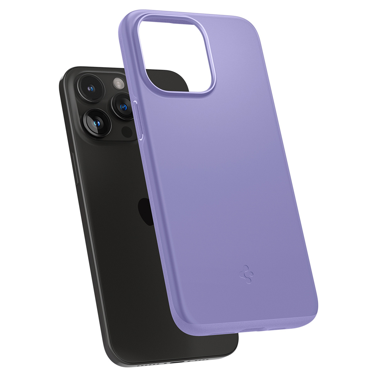 Custodia viola con telefono. Obiettivi visibili. Logo Spigen. Sfondo bianco.