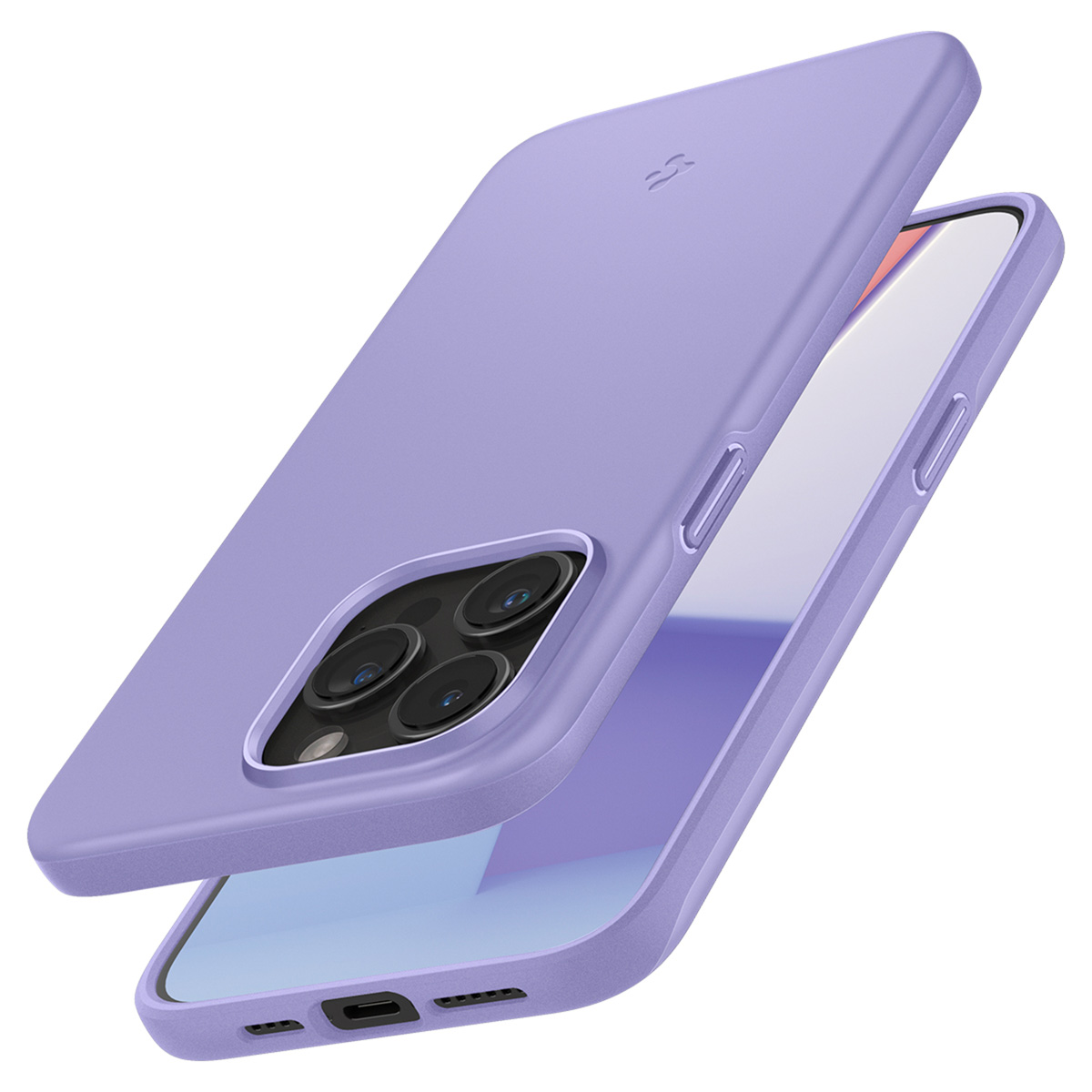 Un telefono viola in una custodia, la custodia è aperta. Il telefono ha delle fotocamere.