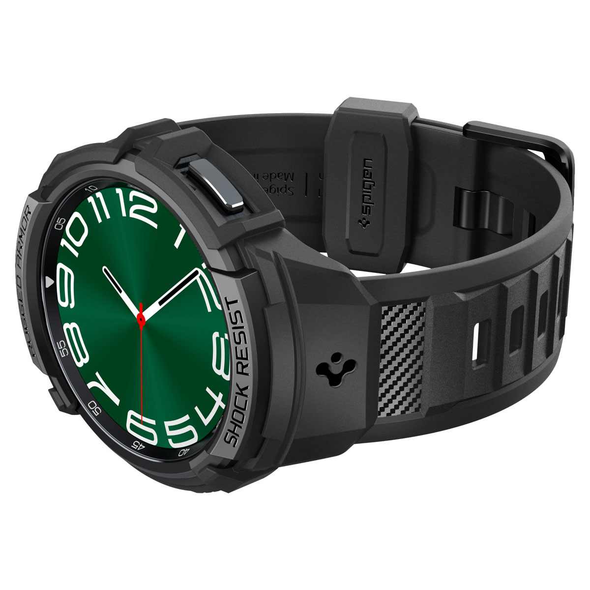 Czarny smartwatch z zieloną tarczą i białymi cyframi.