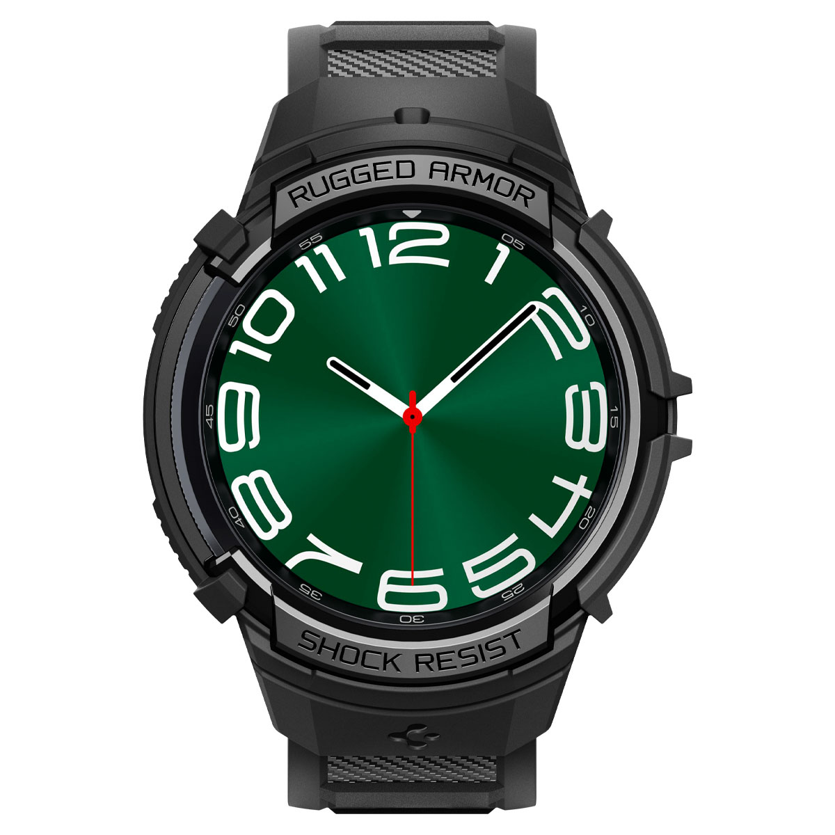 Czarny smartwatch z zieloną tarczą, białymi cyframi i wskazówkami oraz napisem 'RUGGED ARMOR'.