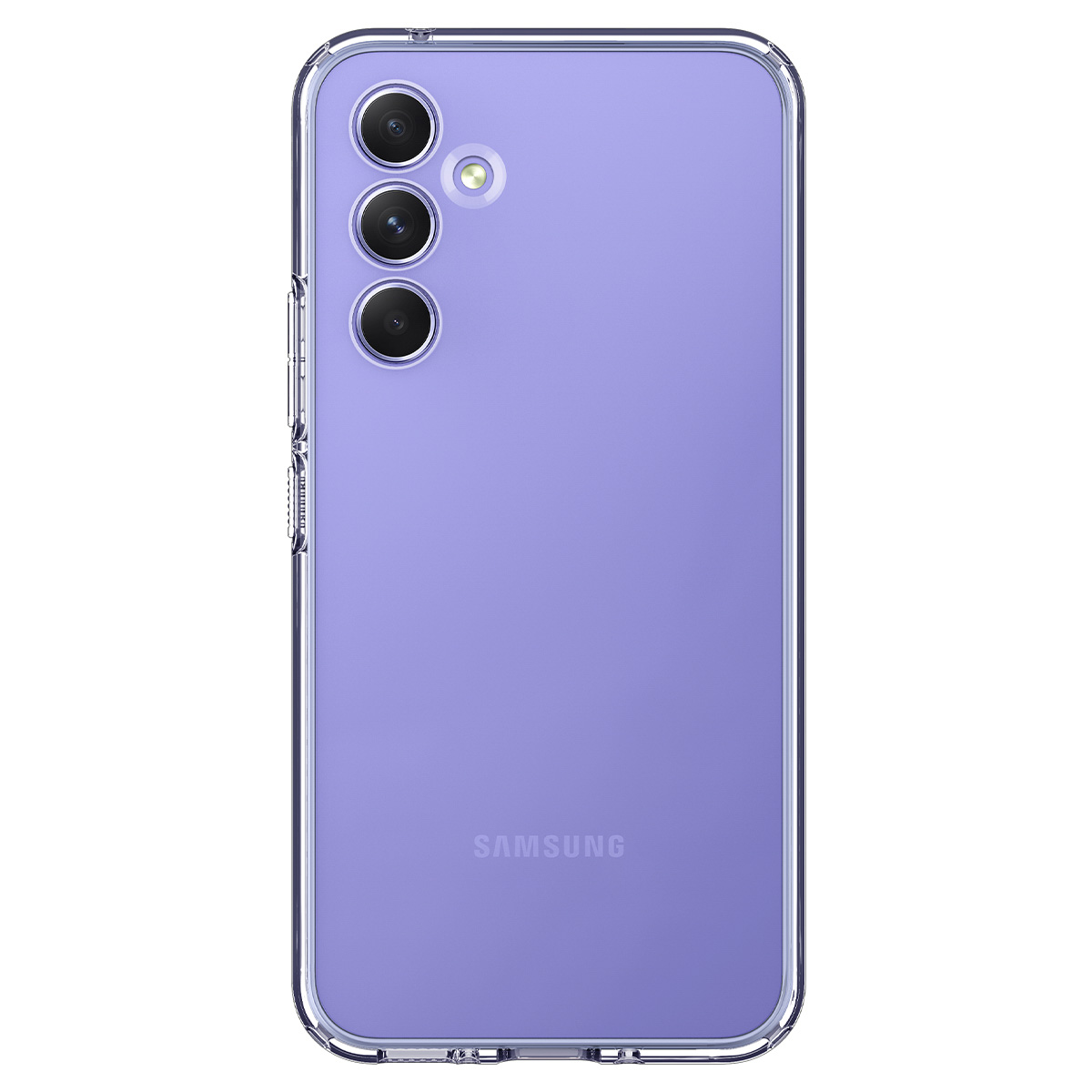 Telefono viola con custodia trasparente. Tre obiettivi della fotocamera visibili. Logo Samsung.