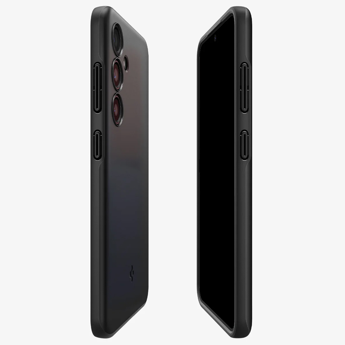 Zwei schwarze Smartphone-Hälften. Eine zeigt die Kameraanordnung, die andere den Bildschirm.