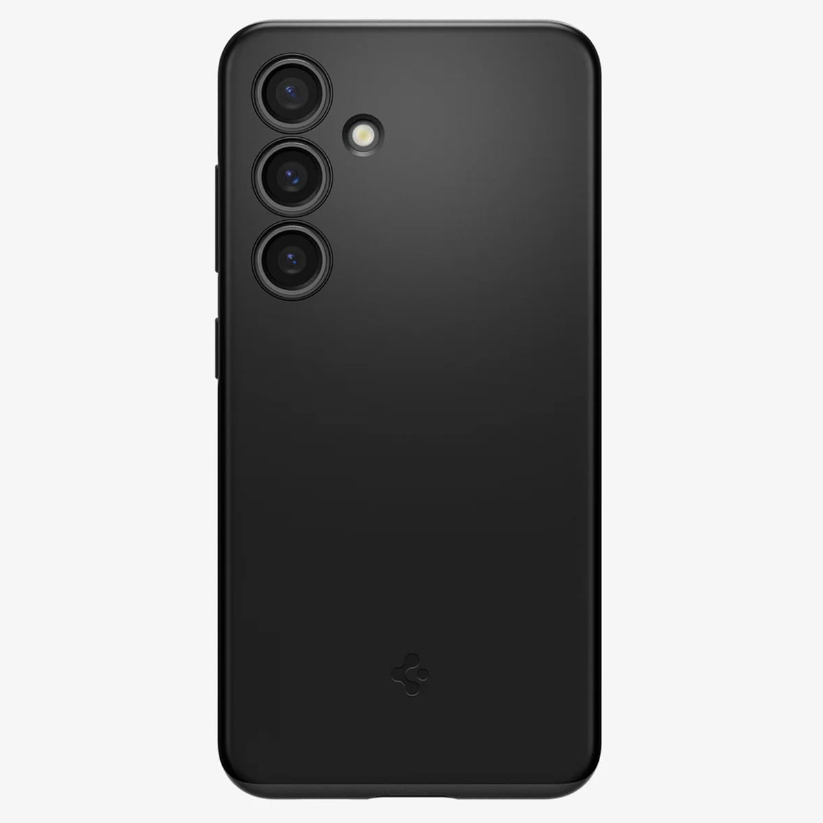 Schwarzes Smartphone mit drei Kameras und Blitz auf der Rückseite.