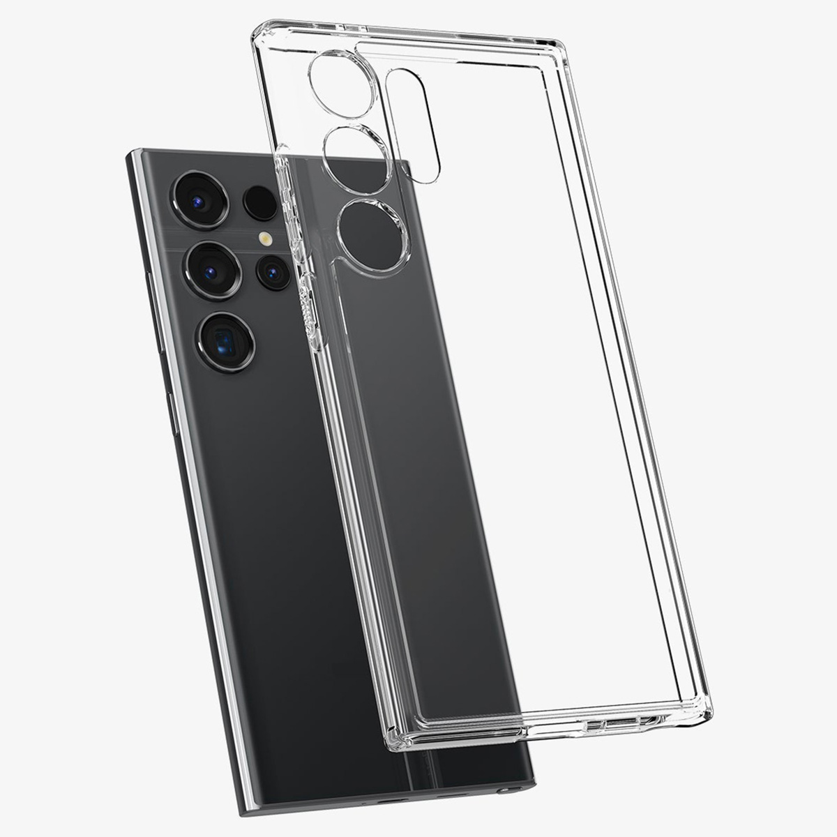 Ciemny smartfon i przezroczyste etui ochronne unoszą się na białym tle.