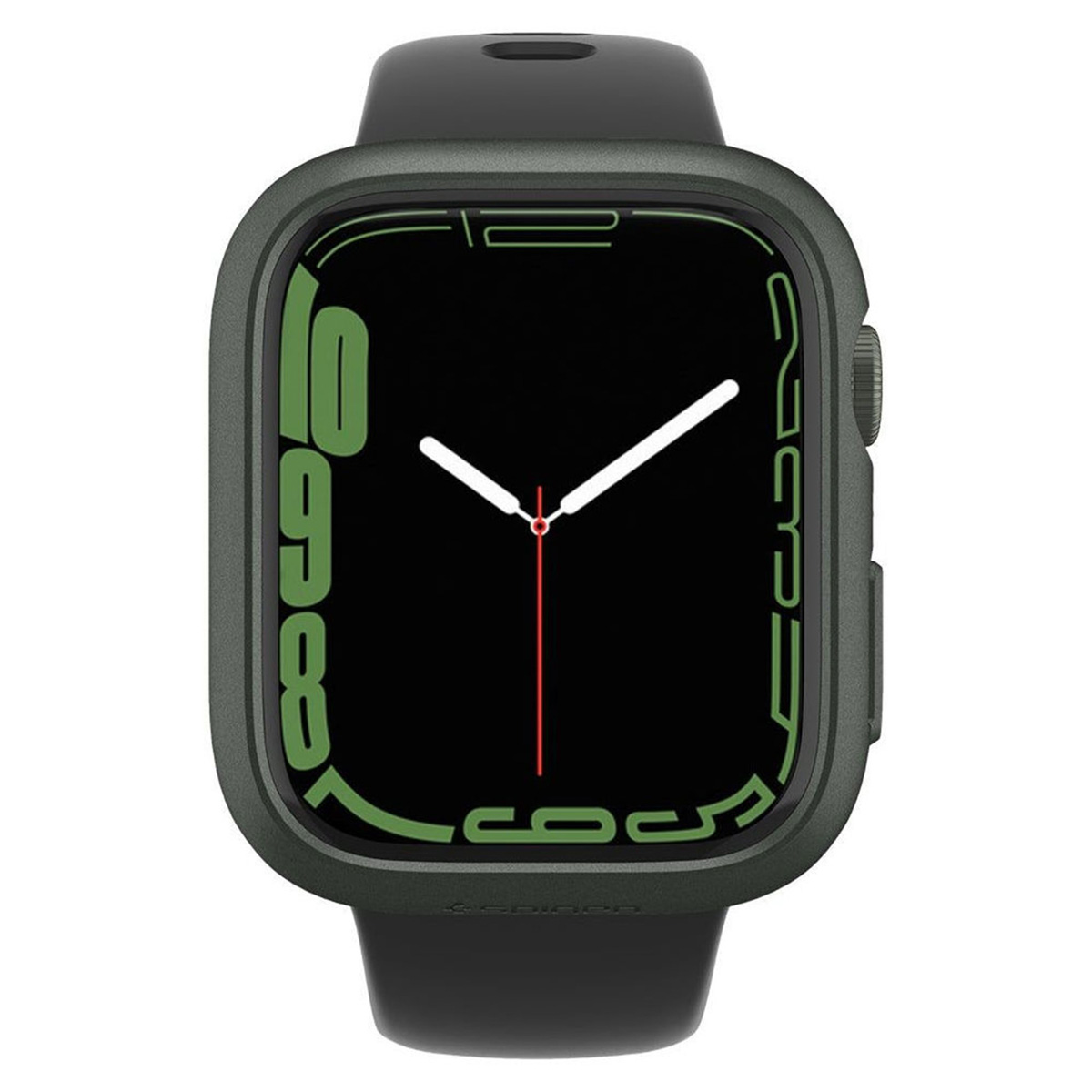 Ciemnozielone etui Apple Watch z widoczną tarczą. Wyświetlana jest godzina.