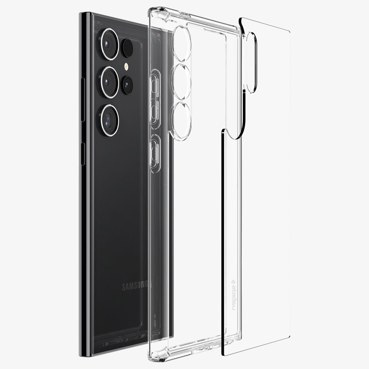 Czarny smartfon obok przezroczystego etui ochronnego na jasnym tle.