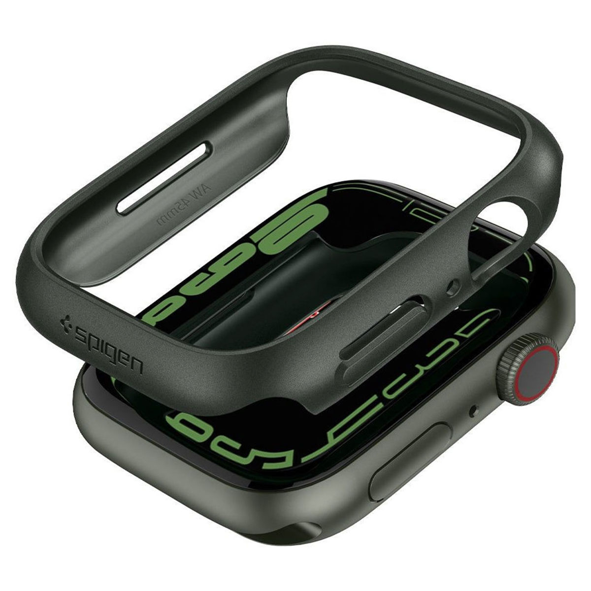 Smartwatch z etui. Etui jest ciemnozielone, a tarcza zegarka pokazuje zielone cyfry.