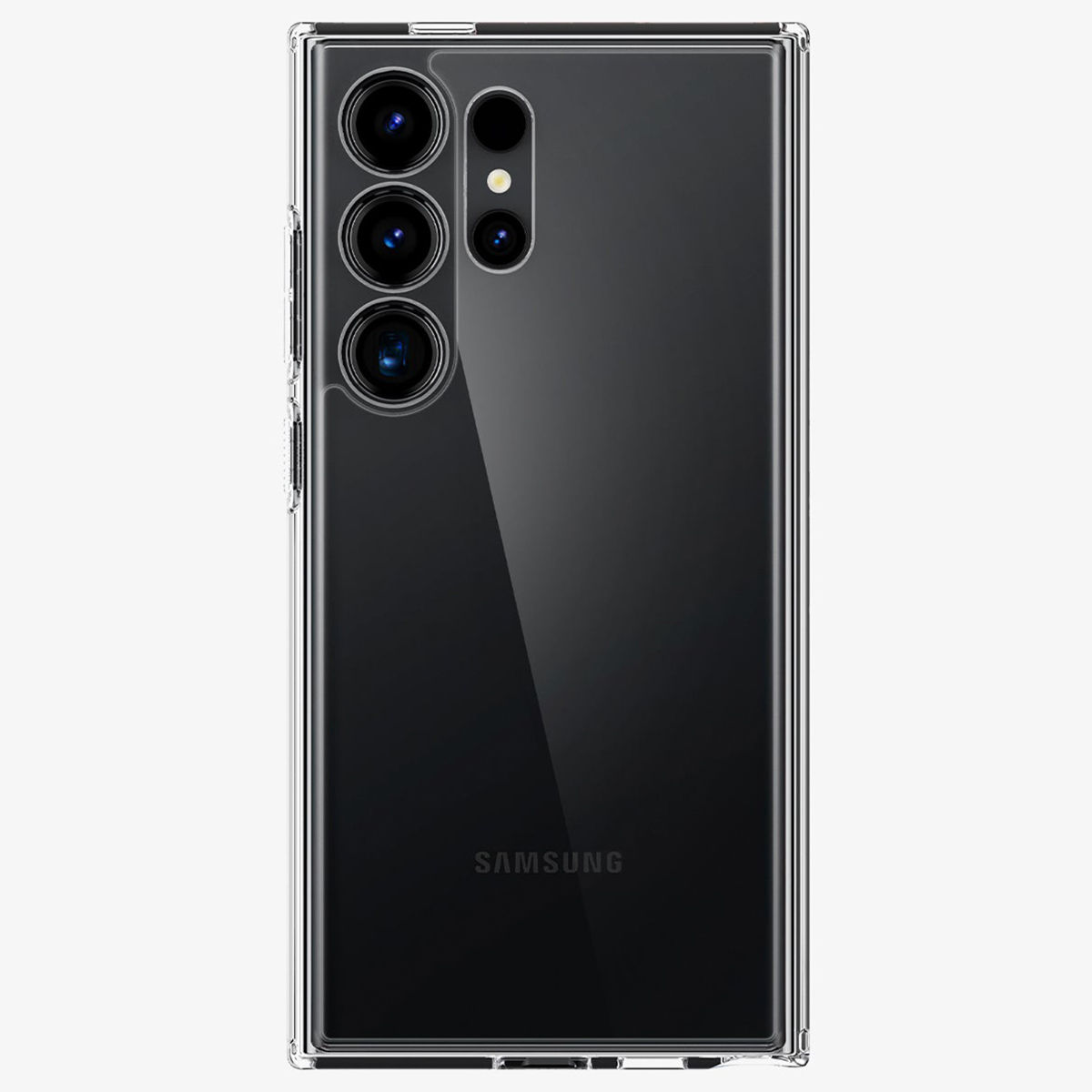 Custodia trasparente per telefono. Il telefono ha più fotocamere e il logo Samsung.