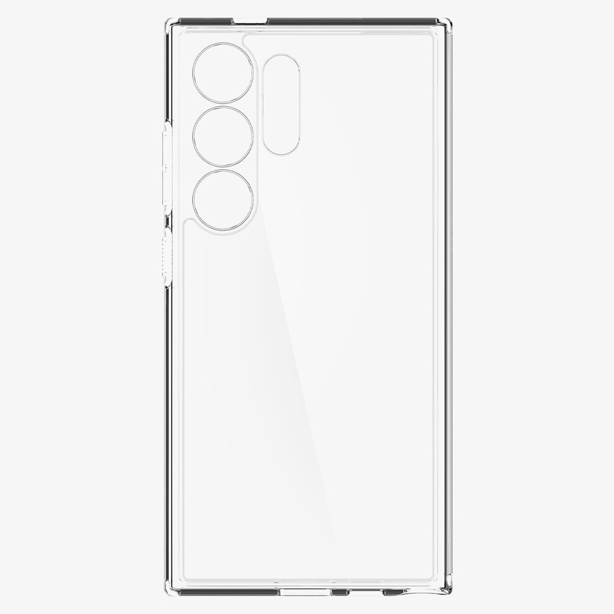 Przezroczyste etui na telefon z wycięciami na trzy pionowe aparaty i czujnik na białym tle.