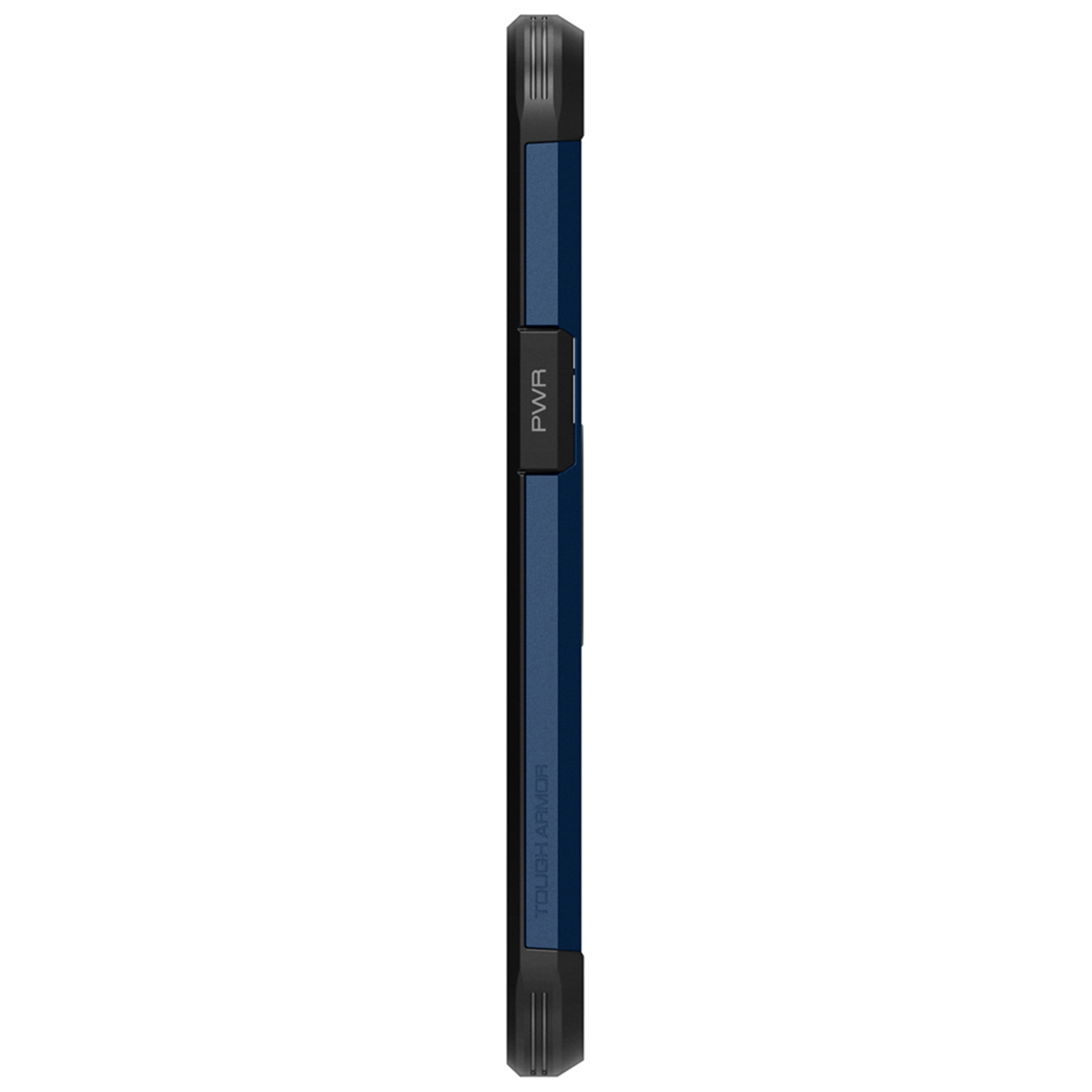 Seitenansicht einer Handyhülle, blau und schwarz. Beinhaltet Knöpfe und einen Ausschnitt für den Anschluss.