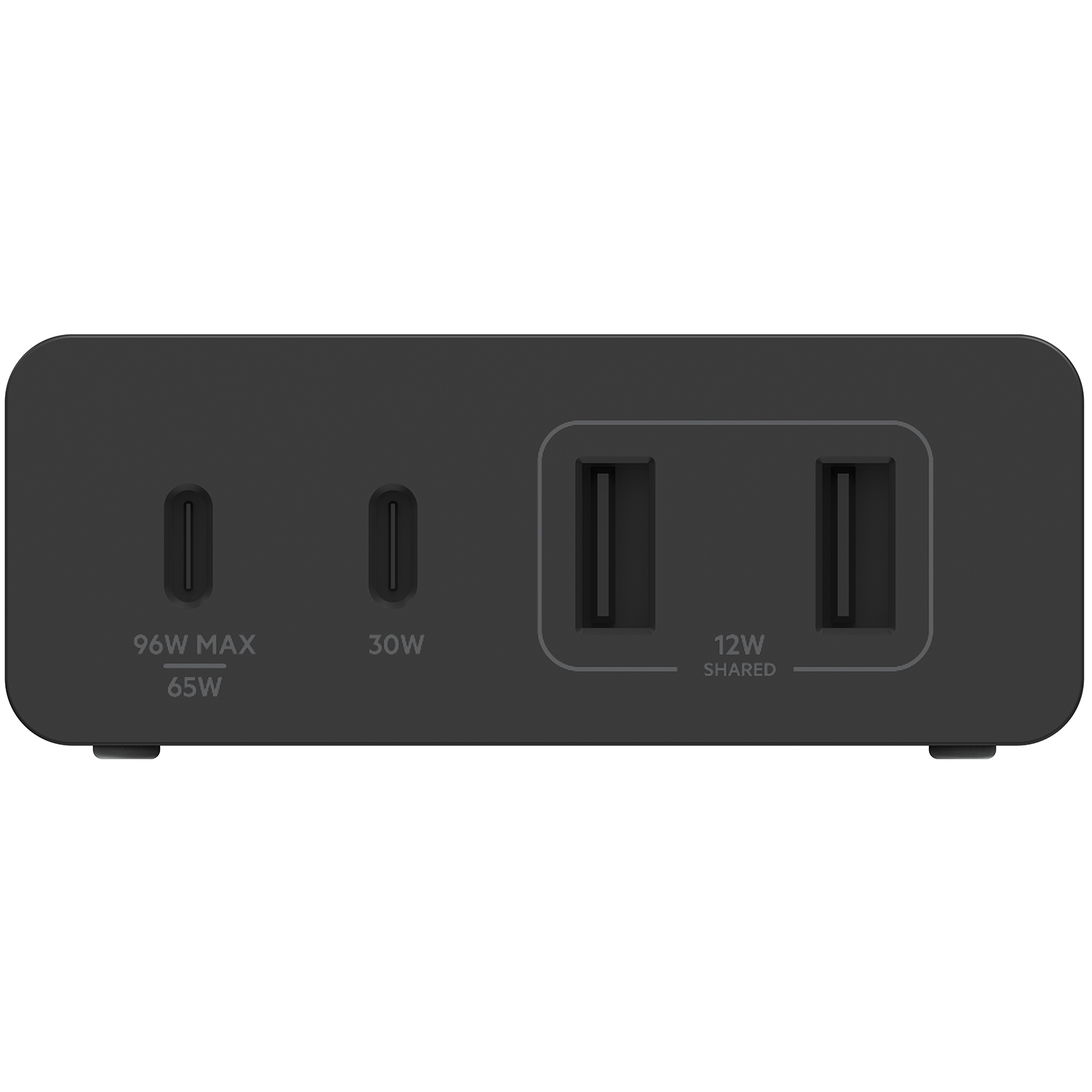 Adaptador de corriente negro con puertos USB y USB-C. Vista superior.