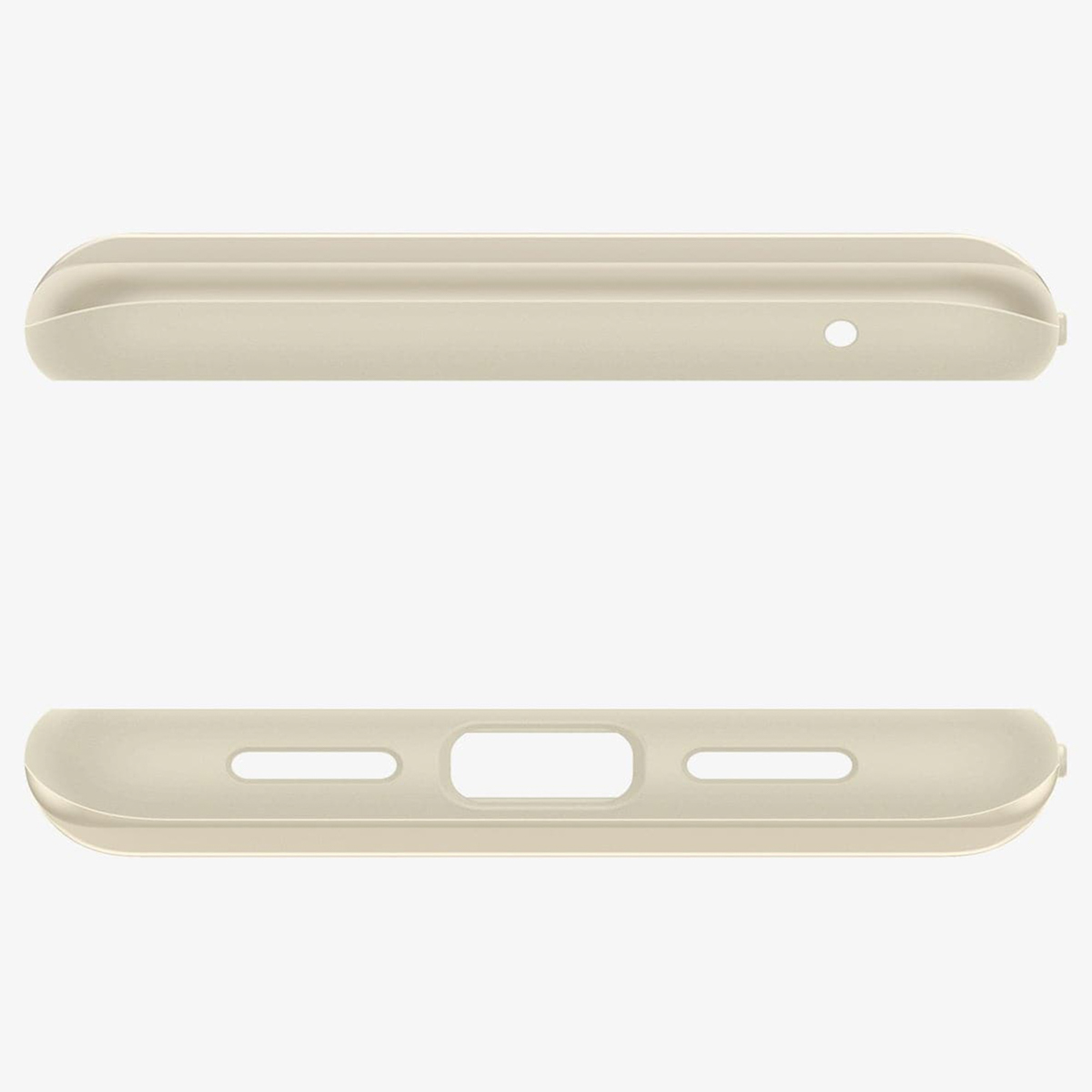Deux moitiés de coque de téléphone beige. L'une a un trou pour le haut-parleur, l'autre pour charger.