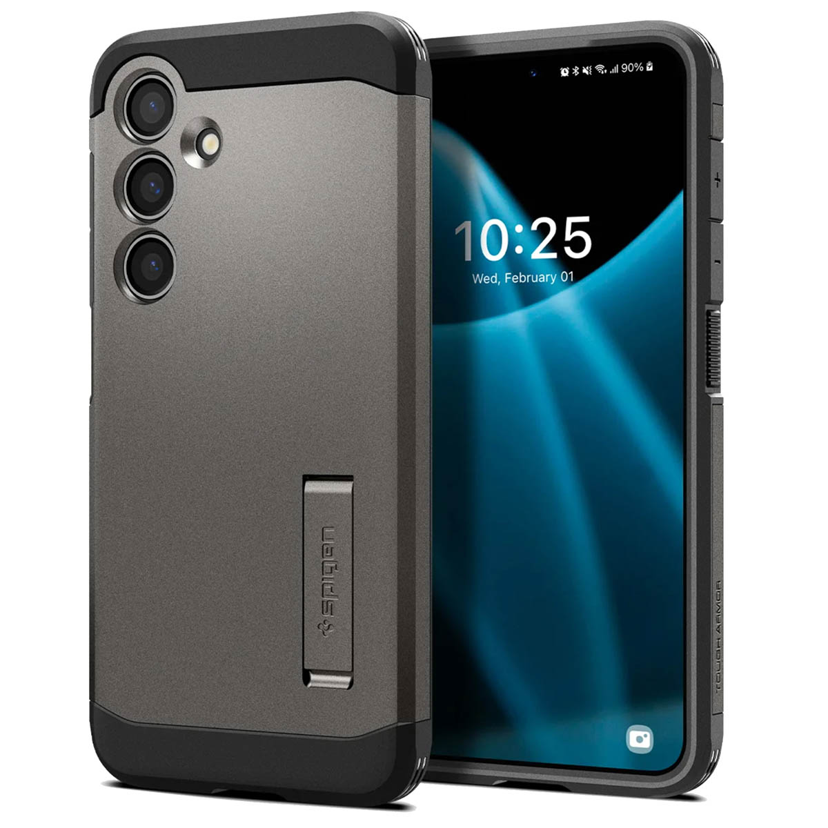 Telefoon in een hoesje. De telefoon heeft drie camera's, de hoes is grijs en zwart met een Spigen logo.