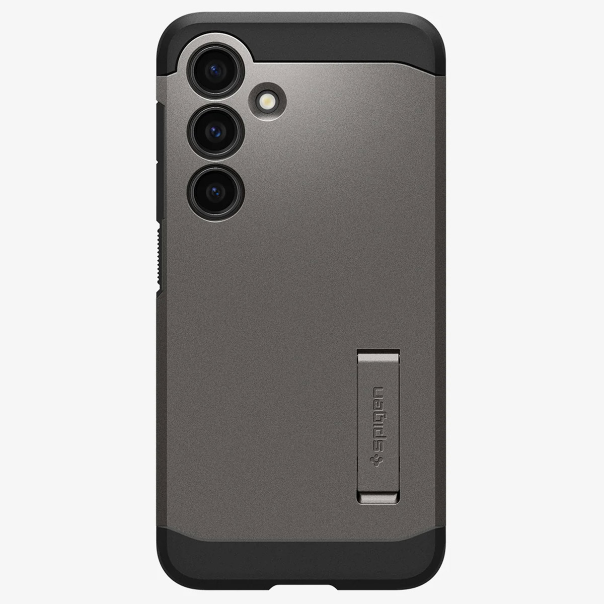 Grijze telefoonhoes met zwarte accenten. De hoes heeft een standaard. Zwarte en grijze kleuren.