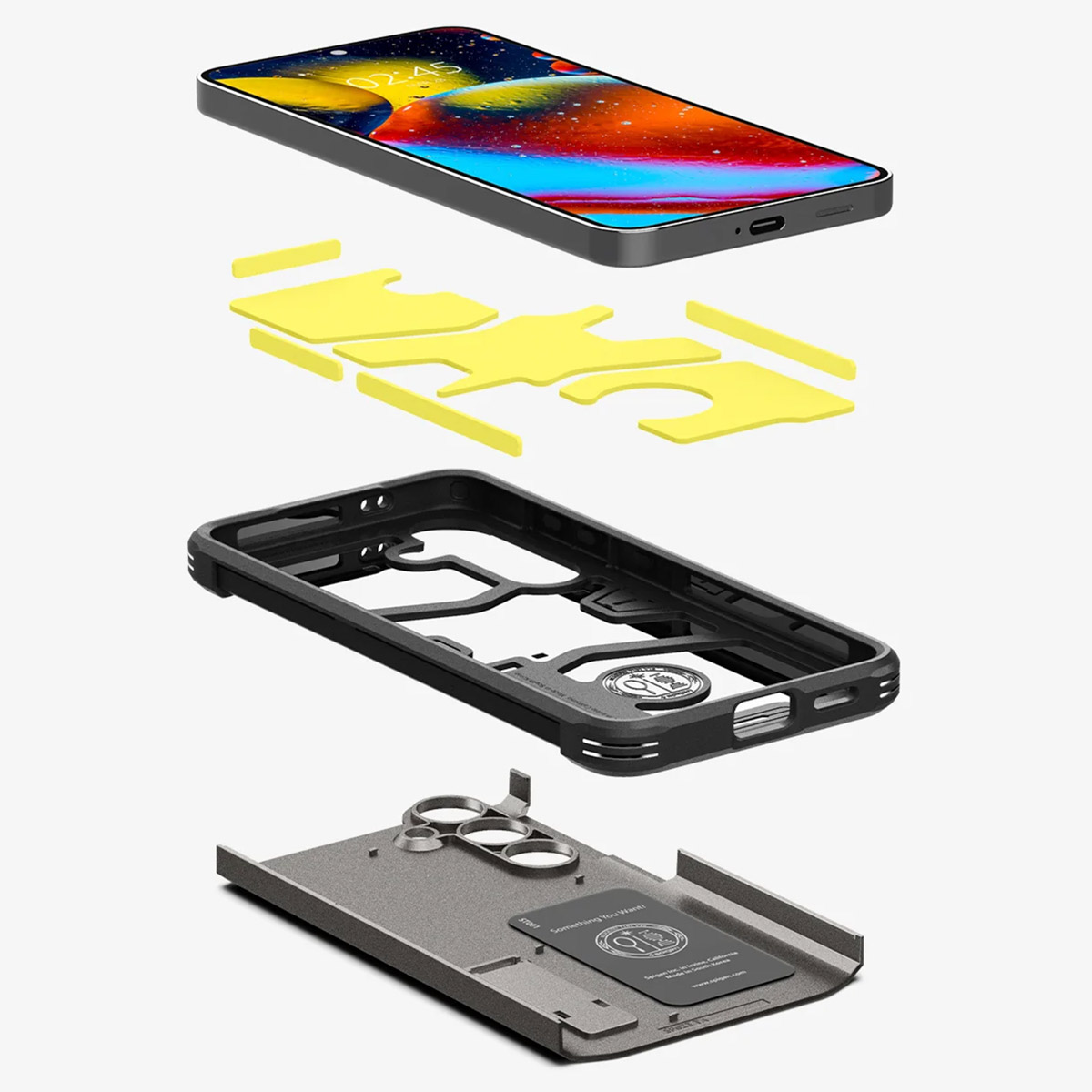 Telefoonhoescomponenten. Toont beschermlagen, waaronder telefoon, hoes en beschermpads.